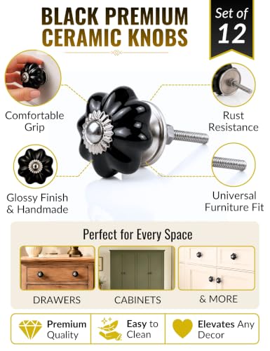 Dresser Knobs 12 Pack - Black Kitchen Cabinet Knobs for DIY Upgrade - color: Black Solid, size: 12 Pieces