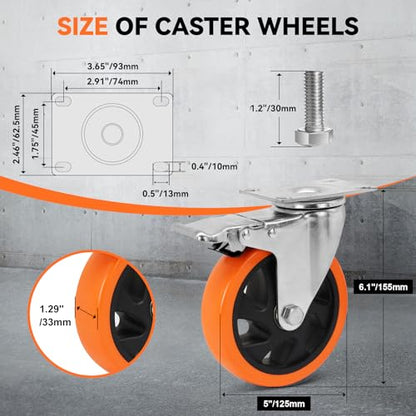 W B D WEIBIDA Swivel Caster Wheels for Cart, 5 Inch Industrial Heavy Duty Casters Set of 4, Top Plate Casters with Brake, No Noise Polyurethane Wheels for Cart, Furniture, Workbench - size: 5 INCH