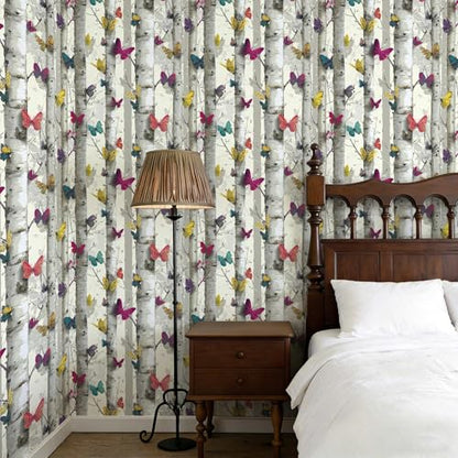 Birch Tree Peel and Stick Wallpaper, Butterfly Woodland Nature Wallpaper - color: ML-M095, size: 17.7" x 236"