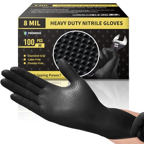 PROMEDIX P Heavy Duty Nitrile Gloves with Diamond Texture 8 Mil Latex Free Powder Free Industrial Disposable Glove - color: Black, size: X-Large