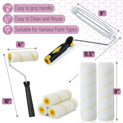 Bates- 9 Inch Paint Roller Kit, 17 pcs, Plastic Paint Tray, Clear Disposable Tray Liners, 4" & 9" Roller Frame, Roller Covers 4" & 9", Angle Brush, Plastic Scrappers, Can Opener and Stirring Rod