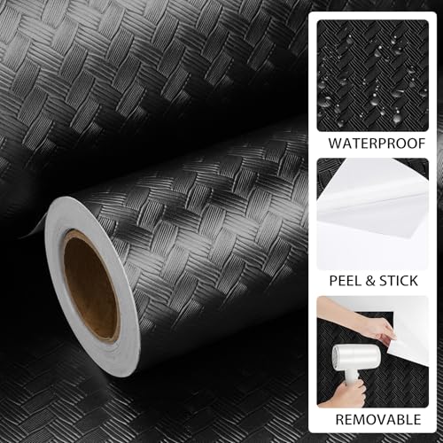 ReWallpaper Black Textured Wallpaper Peel and Stick Modern Embossed Basketweave Contact Paper for Cabinets Shelves Removable Vinyl Wall Covering for Walls Bedroom Bathroom Waterproof 17.7in x 6.5ft - size: 17.7in x 6.5ft