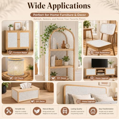 Reaeng Rattan Repair Kit for Chair Caning, Complete Furniture Restoration Kit with 15.7 x 39.4 Inch Cane Webbing Roll, Spline, 2 Caning Chisels and 8 Wooden Wedges - color: White