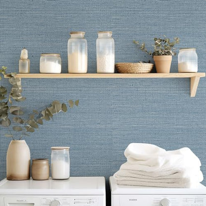 JiffDiff Grasscloth Wallpaper Peel and Stick Blue Grassweave Stick on Wallpaper Textured Self Adhesive Wall Paper Contact Paper 787" x 17.3" - color: Dark Blue, size: 17.3" x 787"