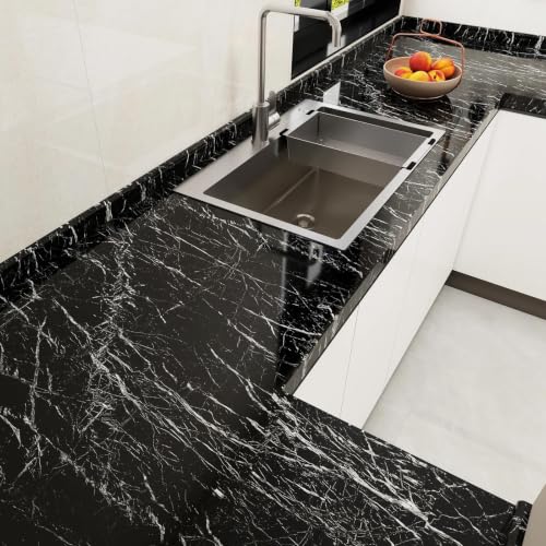 Black Glossy Marble Contact Paper 23.6"X472.4" Peel and Stick Wallpaper - color: Black, size: 23.6" x 472"