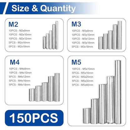 150Pcs Stainless Steel Dowel Pin Assortment Kit, 20 Sizes(M2, M3, M4, M5) - size: M2-M5 Assorted