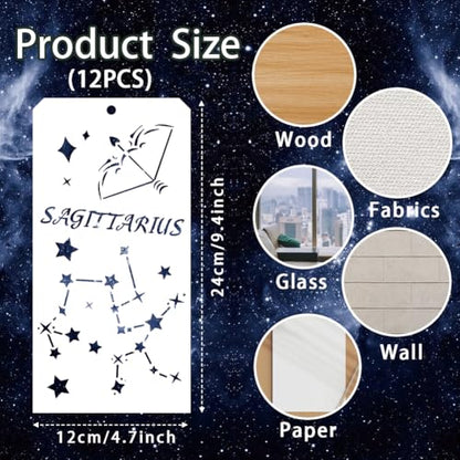 12 Pcs Stars Decorative Stencils, 12 Styles Star and Moon Stencil Reusable Star Zodiac Constellation Painting Stencils for Painting on Furniture Scrapbook Decor - style: Star and Moon