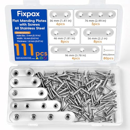 111PCS 5 Sizes Flat Mending Plates for Wood Metal Brace Bracket Stainless Steel Straight Wood Brackets with Screw Holes 1.4"/1.8"/2.2"/3.0"/3.8" inch(Silver) - color: Silver