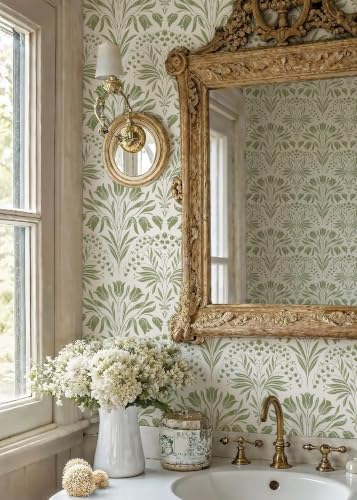 Green Tulip Floral Peel and Stick Wallpaper Retro Green Contact Paper - color: Green, size: 17.3" x 118"