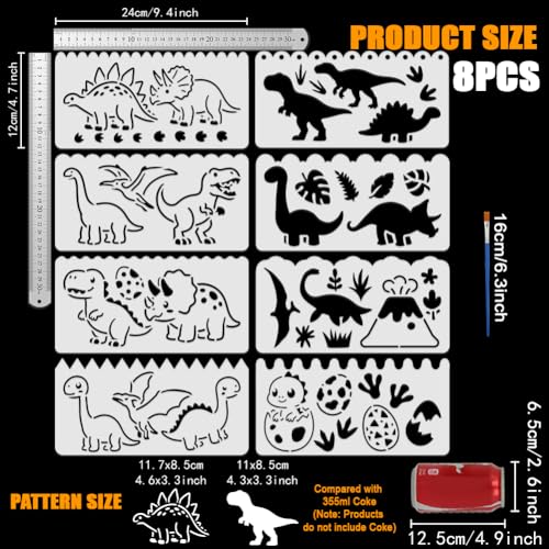 FINGERINSPIRE 8PCS Cute Dinosaur Painting Stencil with Paint Brush 4.7x9.4inch Dinosaur Silhouette Drawing Template Egg Paw Print Plant Volcano Stencil Animal Theme Template for Floor Decoration - style: Cute Dinosaur