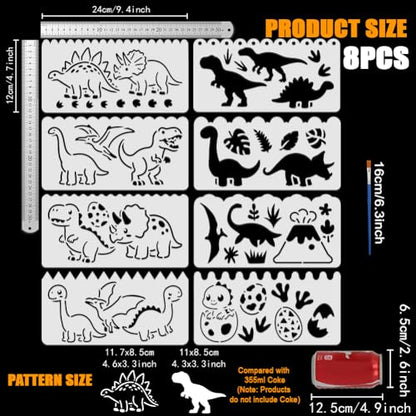 FINGERINSPIRE 8PCS Cute Dinosaur Painting Stencil with Paint Brush 4.7x9.4inch Dinosaur Silhouette Drawing Template Egg Paw Print Plant Volcano Stencil Animal Theme Template for Floor Decoration - style: Cute Dinosaur