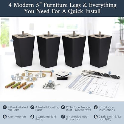 Airy Abode Premium Black Square Furniture Legs (Full Install Kit) - Pick Your Size and Color - color: Black, size: 5 Inches