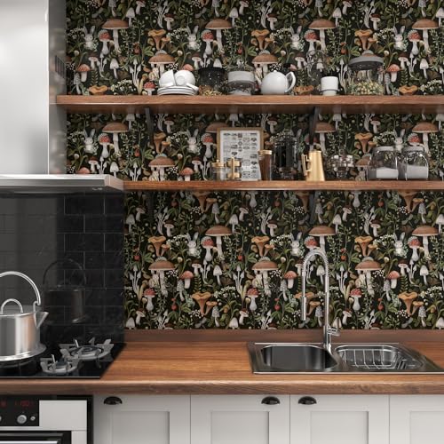 Mushroom Wallpaper Peel and Stick Black Contact Paper 17.7"×393" - color: Black, size: 17.7" x 393"