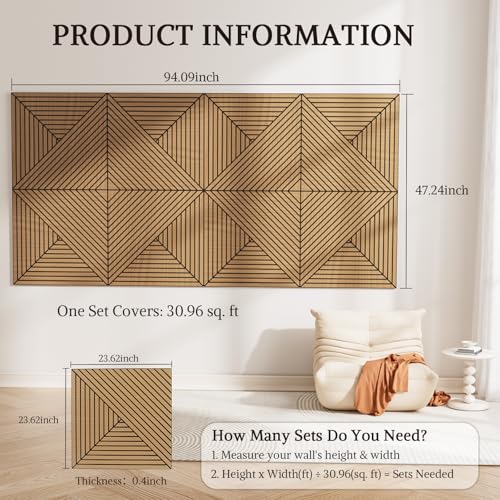 Acoustic Wall Panels, 8 Piece 23.62"X 23.62" PVC Peel and Stick Wall Panels - color: Oak-Elysian Step Vortex, size: 94 X 48 Inches