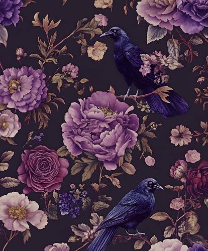 Laatse Gothic Dark Purple Crow Floral Wallpaper Peel and Stick 17.5"x118" - color: Dark Purple, size: 17.5" x 118"