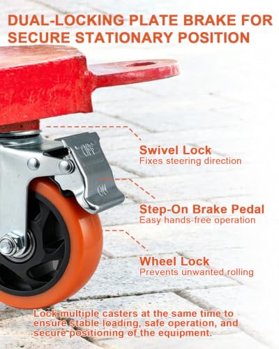 Htudcue 8 Pack 4 Inch Heavy Duty Casters, 2200 lbs Load Per Set of 4, Orange Swivel Plate Casters with Lock Brakes for Garage Workshops & Storage Shelves