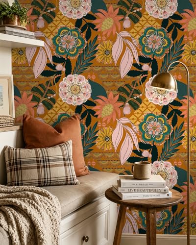 Floralplus Wallpaper Peel and Stick Renter Friendly Textured Wallpaper Boho - color: Orange