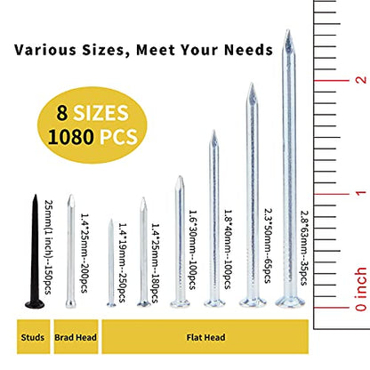 1080-Piece Nail Assortment Kit (7 Sizes): 1080 Count Fasteners Made of Steel for Hanging Pictures, Woodworking Projects, and General Use - style: 1080pcs-7sizes