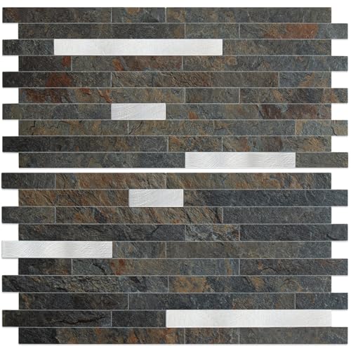 AULIGET 20 Sheets Rust Slate Peel and Stick Backsplash, PVC Mixed Metal Silver Wall Tile Stick on Backsplash for Kitchen and Bathroom - color: Rust Slate + Metal Silver, size: 20 Sheets, 6"x12"x0.12"