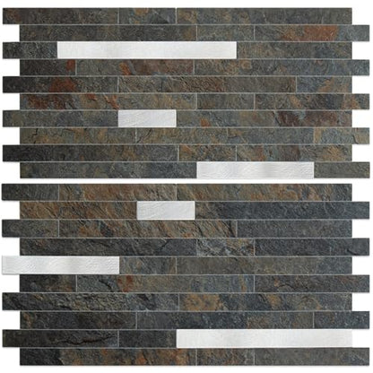 AULIGET 20 Sheets Rust Slate Peel and Stick Backsplash, PVC Mixed Metal Silver Wall Tile Stick on Backsplash for Kitchen and Bathroom - color: Rust Slate + Metal Silver, size: 20 Sheets, 6"x12"x0.12"