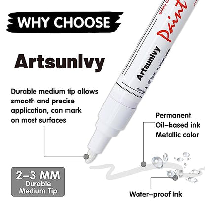 Artsunlvy White Paint Pens marking pens Permanent Markers - 2 Pack Oil Based Waterproof Markers for Tire, Rubber,Wood, Rocks, Metal, Canvas,Plastic, Dark Surface,Craft office Supplies,Medium Point - color: White