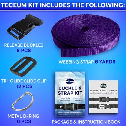 TECEUM 1" Nylon Strap Kit with Buckles, Dark Purple 6 yards Repair Set - color: Dark Purple, size: 1" - 6 yards, style: 6 Buckle - 12 Slides - 6 D-rind