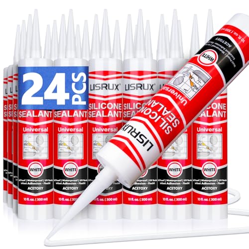 LISRUX Supreme Silicone Caulk for Kitchen & Bathroom, White, 10 fl oz Cartridge, 24 Pack - 100% Waterproof Silicone Sealant, Stronger Adhesion, Shrink & Crack Proof - size: 24P