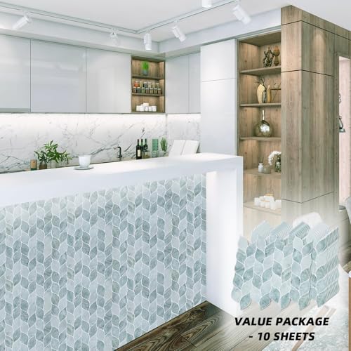 Tilingview 10 PCS Leaf Design Peel and Stick for Kitchen Backsplash, Premium Self-Adhesive Tiles Wall Stickers (Blue Green) - color: Blue Green, size: 12"x12"x0.04"