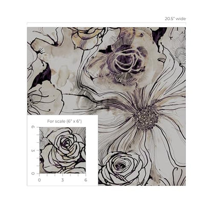 NextWall Harry & Grace Ink Rose Abstract Floral Peel and Stick Wallpaper (Metallic Silver & Plum) - color: Metallic Silver & Plum