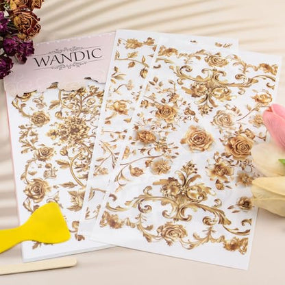 WANDIC 3 Sheets Rub On Transfer Stickers, Retro Golden Flowers Pattern Waterproof Decals Furniture Craft Embellishments for DIY Scrapbooking Photo Albums,15 * 30cm - color: Golden Flowers