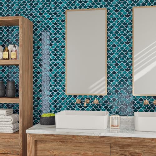 CRE8TIVE 4 Sheets Teal Green Fish Scale Peel and Stick Backsplash for Kitchen Bathroom Tiles Peel and Stick Waterproof Shower Tile Adhesive Backsplash Shell Stick on Wall Tile for Laundry Room 12"x12" - size: 12"x12" (4-Sheets)