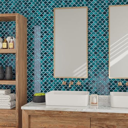 CRE8TIVE 4 Sheets Teal Green Fish Scale Peel and Stick Backsplash for Kitchen Bathroom Tiles Peel and Stick Waterproof Shower Tile Adhesive Backsplash Shell Stick on Wall Tile for Laundry Room 12"x12" - size: 12"x12" (4-Sheets)