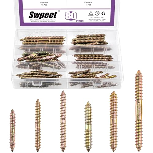 Swpeet 80Pcs 6 Sizes M6 M8 Color Zinc Double Head Ended Screws Assortment Kit, Double Ended Screws, Wood Dowel Screw, Self Tapping Threaded Bolts Hanger Bolts for Woodworking Furniture Connecting - color: Double-Color