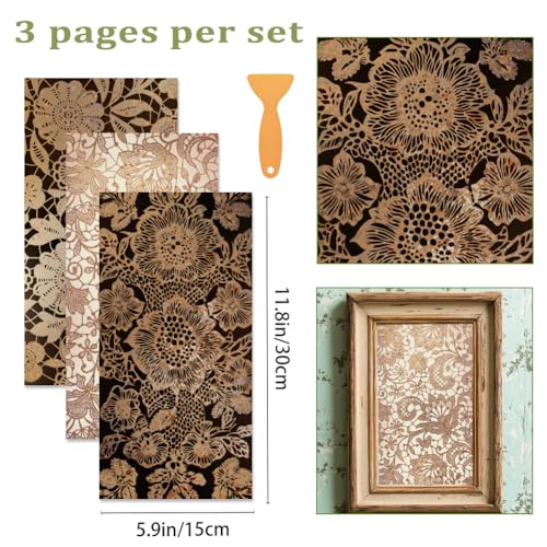 3 Sheets Vintage Golden Lacework Rub on Transfer for Craft 12×6in