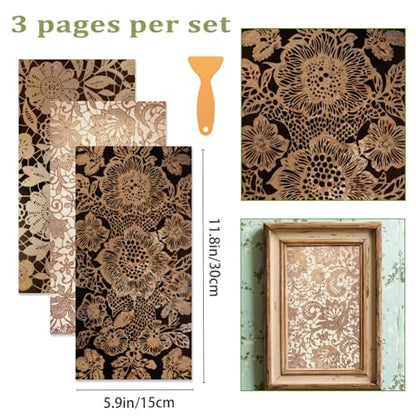 3 Sheets Vintage Golden Lacework Rub on Transfer for Craft 12×6in