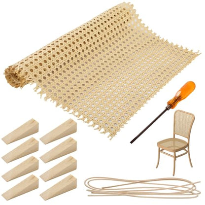 11 Pcs Rattan Repair Kit, Includes Cane Webbing Roll, 3/16 Inch Cane Webbing, 8 Wooden Wedges and Chisel Tool, Complete DIY Furniture Restoration Kit