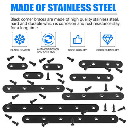Glarks 110Pcs 20Pcs 40mm 80mm 130mm 200mm Flat Straight Corner Brace Black Metal Joint Plate Connector Repair Fixing Bracket with Mounting Screws Set for Wood Furniture - size: 4 Size Flat Brackets Set