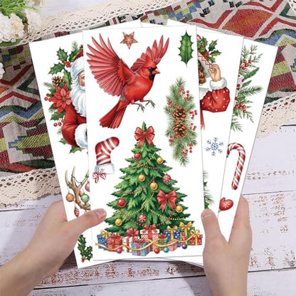 GLOBLELAND 4 Sheets Christmas Cardinal Bird Furniture Transfers Stickers 6x12inch Santa Claus Snowman Rub on Transfer UV Self-Adhesive Stickers Wall Art Craft for Bedroom Living Room Table Decoration - style: Cardinal