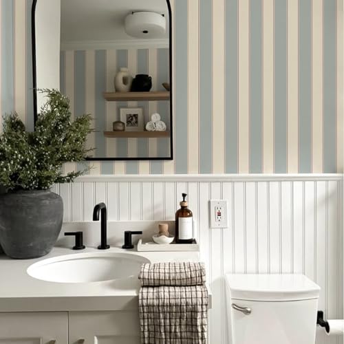 Blue and White Cream Striped Wallpaper Peel and Stick Self-Adhesive Removable Waterproof Wallpaper for Bedroom Kitchen Bathroom (Blue, 17.32"x 590.55") - color: Blue, size: 17.32"x 590.55"