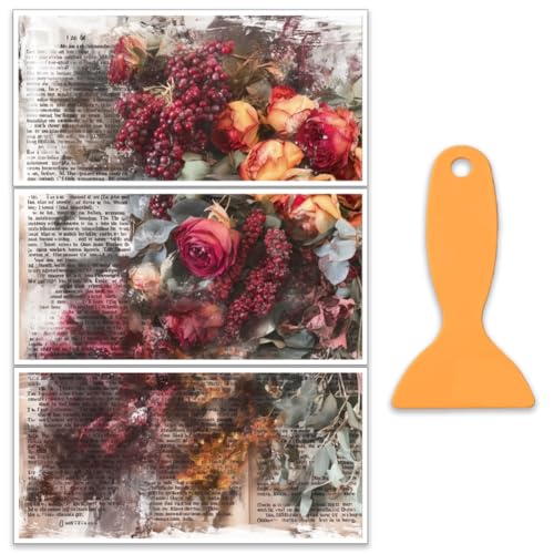 OLYCRAFT 3Pcs/Set Vintage Floral Rub on Transfers for Furniture and Crafts 12x6 Inch Red Rose Furniture Decal Berry Flower Transfer Sticker with 1pc Scraper for Wood Home Dresser Wardrobe Decoration - style: Vintage floral
