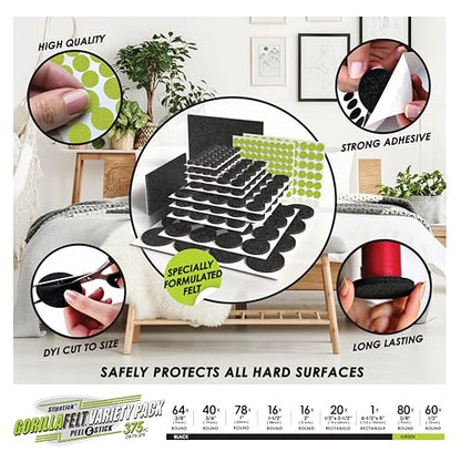 Slipstick Gorilla Felt Furniture Pads (375 Piece Variety Pack) Premium Furniture Pads & Chair Leg Floor Protectors for Hardwood Floors & Hard Surfaces - size: 375 Piece Variety Pack