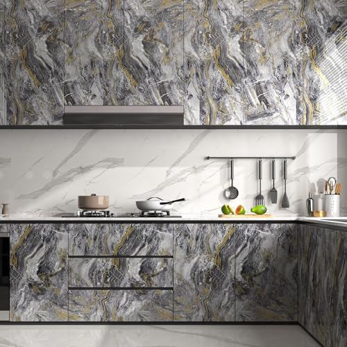 Decotalk Countertop Contact Paper Marble Grey Gold Liquid Marble Contact Paper for Kitchen Countertops Peel and Stick Waterproof Glossy Countertop Vinyl Wrap 12x200 Inch Grey Wallpaper for Bathroom - size: 12" x 200"
