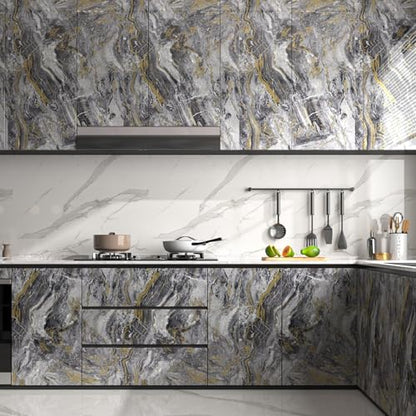 Decotalk Countertop Contact Paper Marble Grey Gold Liquid Marble Contact Paper for Kitchen Countertops Peel and Stick Waterproof Glossy Countertop Vinyl Wrap 12x200 Inch Grey Wallpaper for Bathroom - size: 12" x 200"