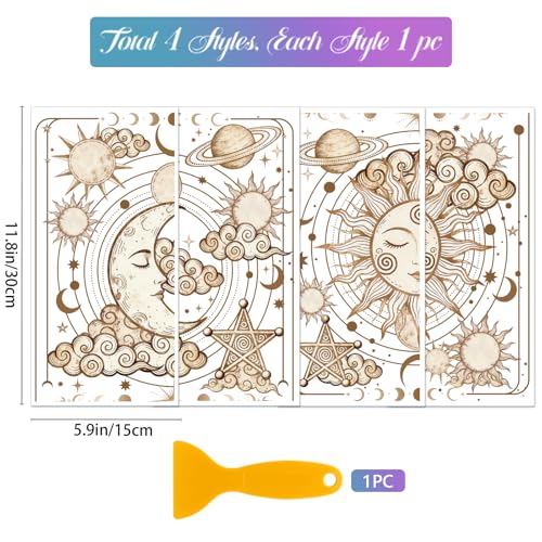 GLOBLELAND 4 Sheets Bohemia Lunar Solstice Rub on Transfers Sun and Moon Furniture Decor Transfers Decal Magical Divination Transfers Stickers for Bedroom Living Room Desk Table Decoration
