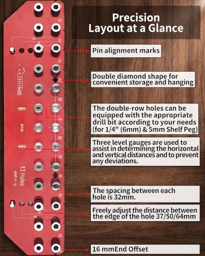 VASTHOME 13 Holes Shelf Pin Jig - 1/4" (6mm) & 5mm Shelf Holes Drilling Jig - size: 13 Holes