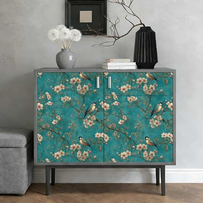 Bird Floral Peel and Stick Wallpaper, Teal Chinoiserie Botanical Wallpaper - color: ML-M091, size: 17.7" x 118"
