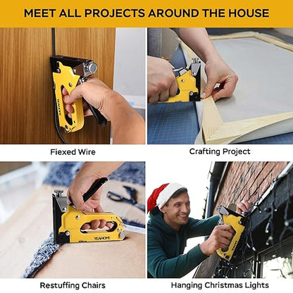 Upholstery Staple Gun Heavy Duty, YEAHOME 4-in-1 Stapler Gun with 4000 Staples, Manual Brad Nailer Power Adjustment Stapler Gun for Wood, Crafts, Carpentry, Decoration DIY - style: Yellow, 4-in-1 Staple Gun, with 4000 Staples