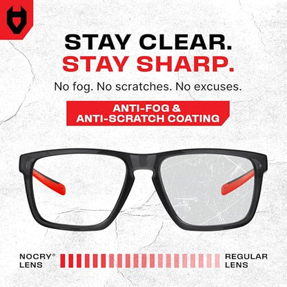 NoCry ANSI Z87.1 Clear Safety Glasses with Side Shields — Durable Anti Fog & Scratch Resistant Eye Protection Glasses or Men & Women — ANSI Z87 Rated Protective Eyewear with 100% UV Shielding for Work - color: Black & Red