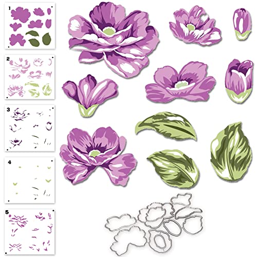 Alinacutle 5pc Peony Flower Layering Stencils & 1set Frame Dies Set Plastic Stencil with Frames Metal Cutting Die Cut for DIY Art Craft Paper Craft Scrapbooking Handmade Card Making Art Cuts - color: Layered Flowers