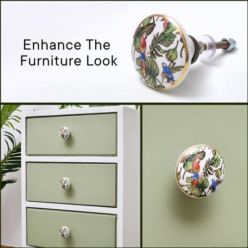 Indian Shelf Macaw Parrot Ceramic Cabinet Knobs Gold Drawer Pulls 6 Pack - color: Multicolor Bird, size: 6 Knobs